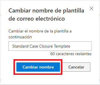 Captura de pantalla que muestra un cuadro de diálogo emergente para renombrar una plantilla de correo electrónico. Se ha agregado un nuevo nombre a la plantilla y el botón Renombrar aparece resaltado.