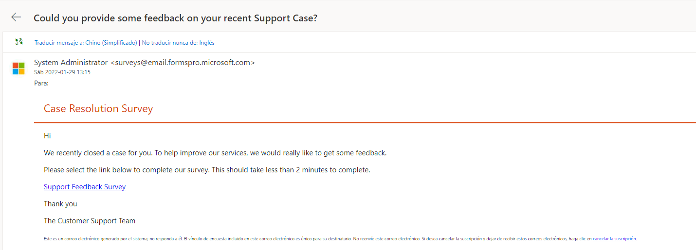 Captura de pantalla que muestra que se ha enviado un correo electrónico desde Dynamics 365 Customer Voice y que lo ha recibido un contacto.