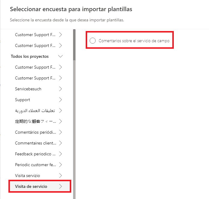 Captura de pantalla que muestra una lista de todos los proyectos de Dynamics 365 Customer Voice con el proyecto Visita de servicio resaltado. La plantilla de correo electrónico de comentarios de Servicio de campo también está resaltada.