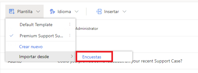 Captura de pantalla que muestra el menú Plantilla abierto para una encuesta de Dynamics 365 Customer Voice. El menú flotante Importar formulario está abierto y la opción Encuestas está resaltada.