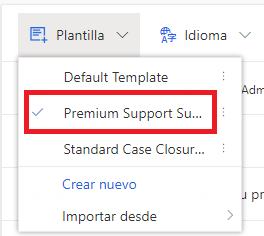 Captura de pantalla que muestra el menú Plantilla abierto con una lista de plantillas de correo electrónico disponibles. La plantilla de correo electrónico de la encuesta de soporte premium está resaltada.