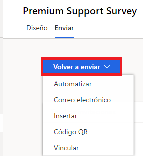 Captura de pantalla que muestra la pestaña Enviar de una encuesta con la opción Reenviar resaltada.
