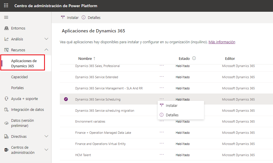 Captura de las aplicaciones de Dynamics 365 para un entorno.