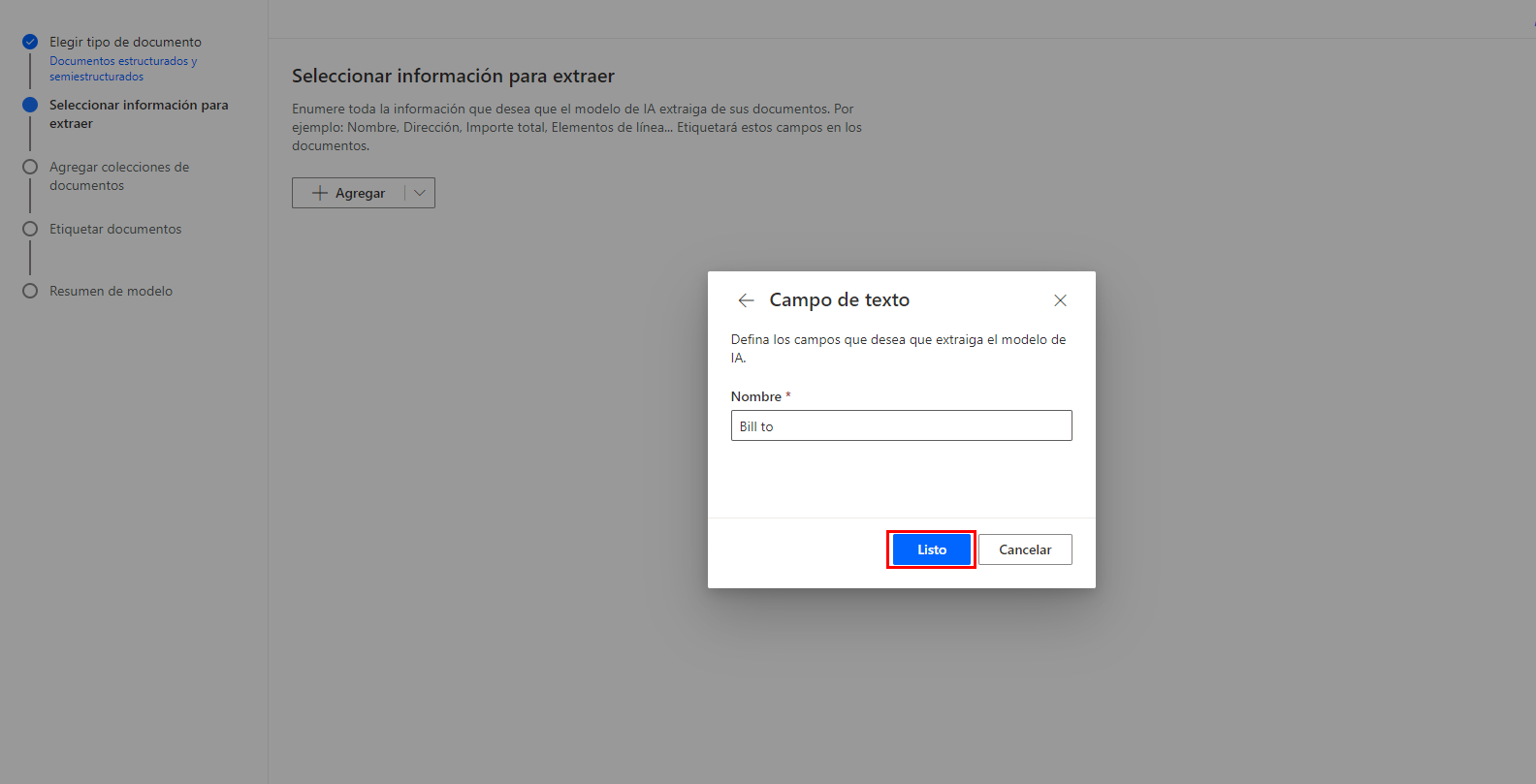 Captura de pantalla de Agregar nombre de campo con el botón Listo
