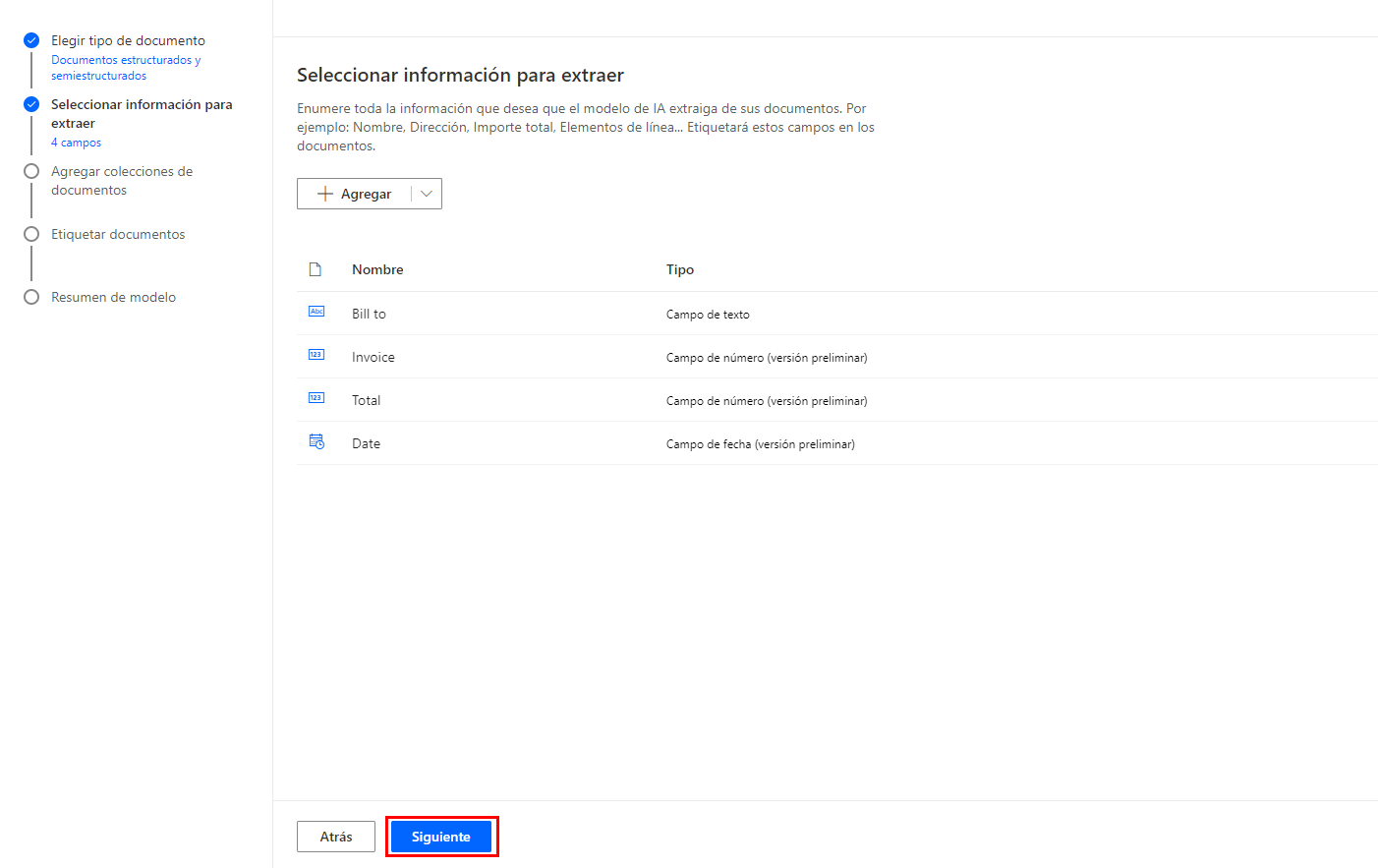 Captura de pantalla de los campos agregados en la lista