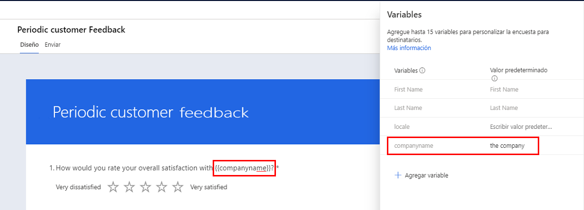 Los comentarios periódicos del cliente utilizan una variable de nombre de empresa en una pregunta.