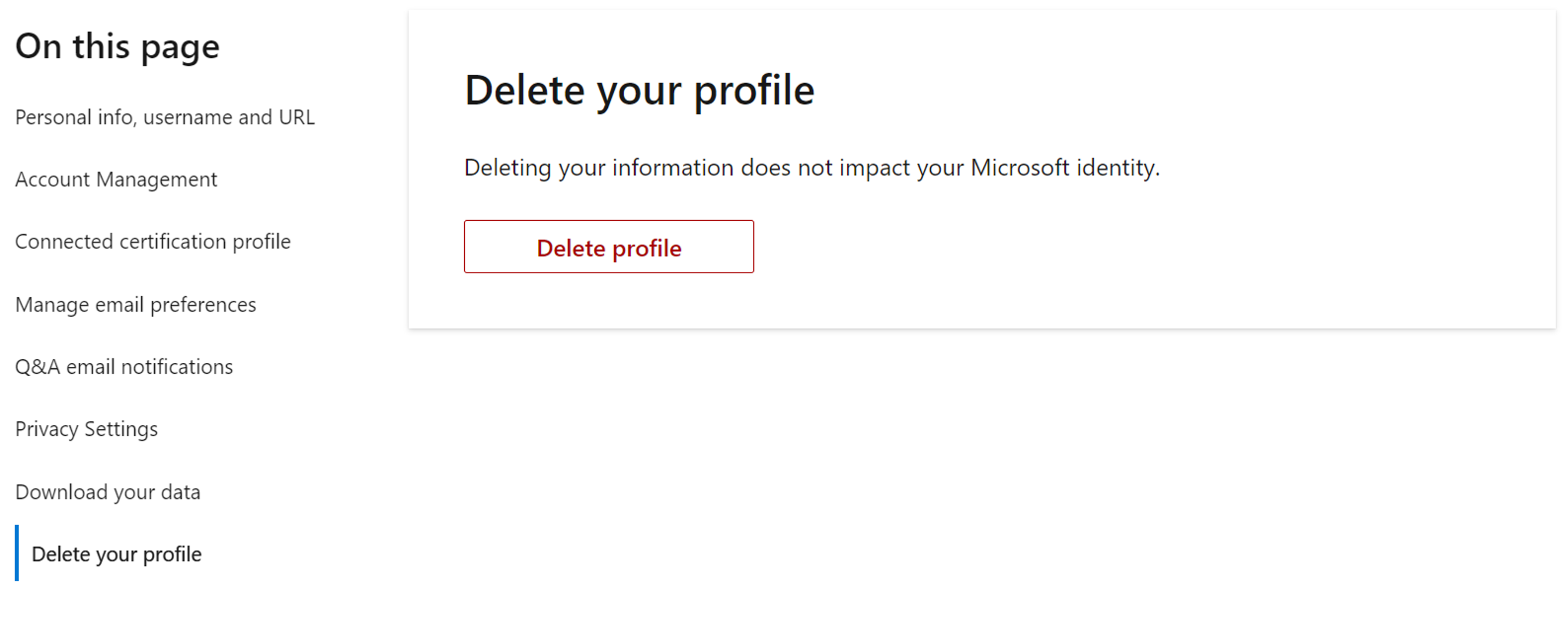 Captura de pantalla de la sección Eliminar el perfil de la configuración del perfil de Microsoft&nbsp;Learn.
