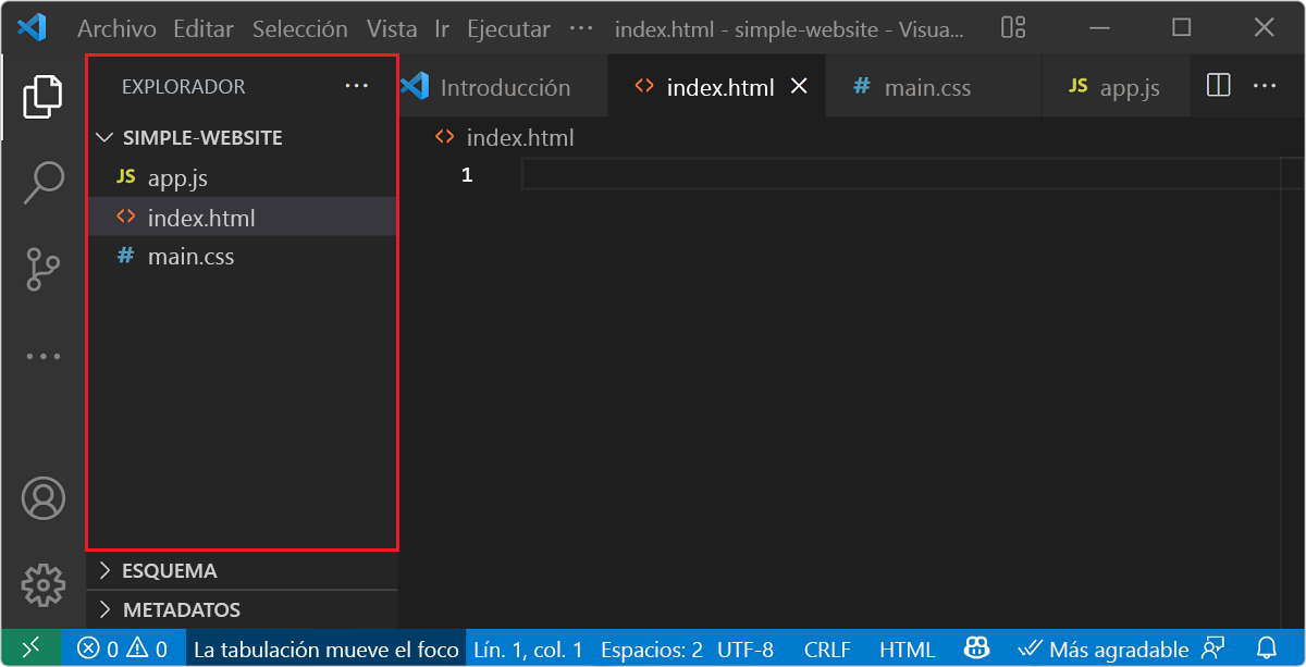 Recorte de pantalla de los archivos en la vista del explorador de Visual Studio Code.
