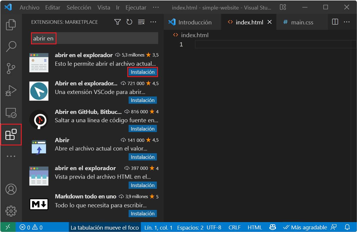 Recorte de pantalla que muestra la barra lateral de la extensión de Visual Studio Code con las palabras