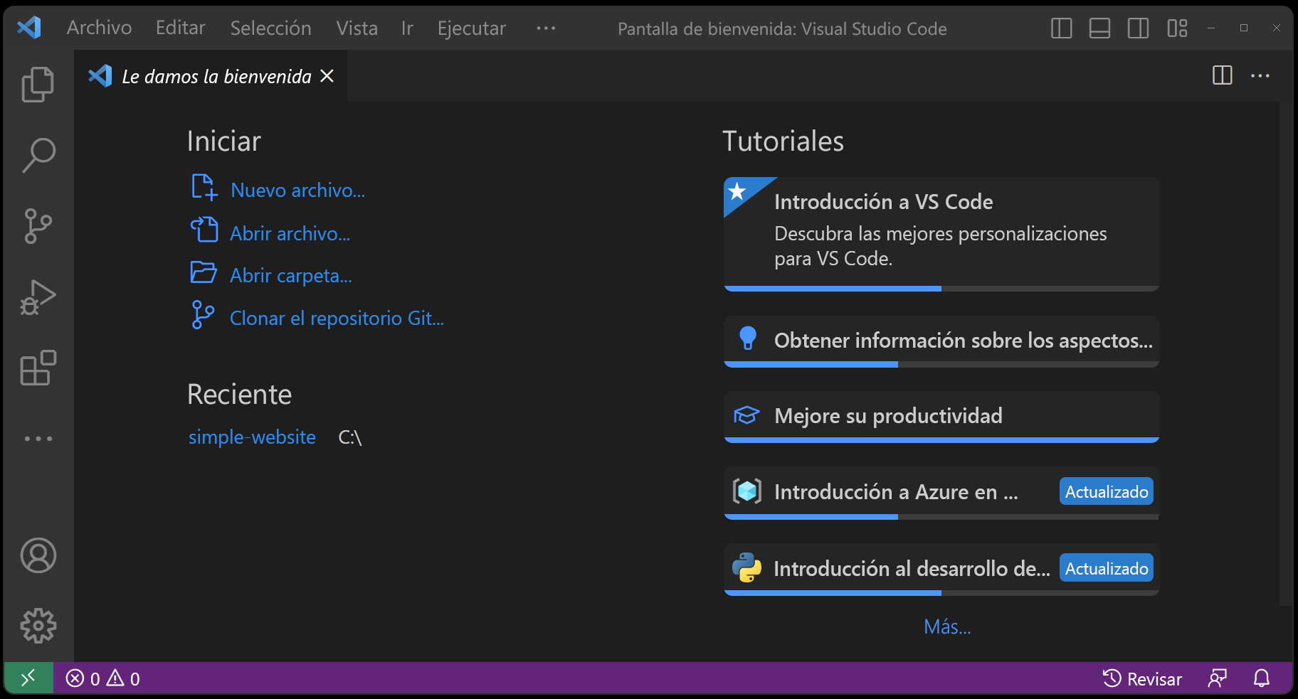 Recorte de pantalla de la pantalla Introducción de Visual Studio Code.