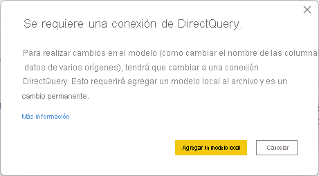 Screenshot of Power BI Desktop notice that DirectQuery connection is required, after selecting the 