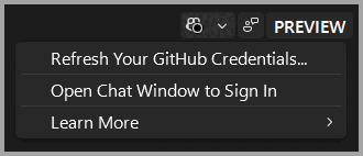 Captura de pantalla que muestra las opciones de distintivo de Copilot de GitHub en SSMS.