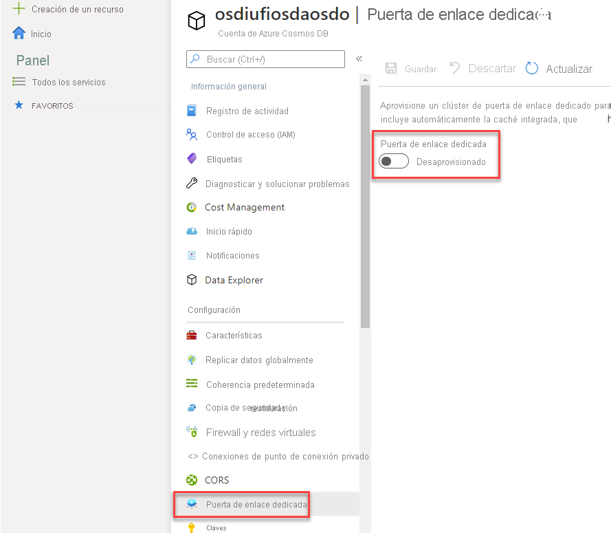 Navegación de Dedicated Gateway (Puerta de enlace dedicada) abierta en la hoja Azure Cosmos DB