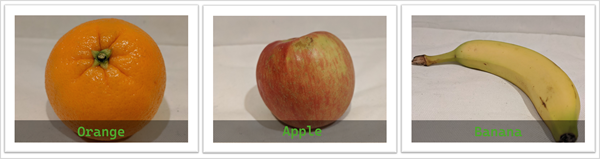 Fotografías de una naranja, y una manzana, y un plátano.