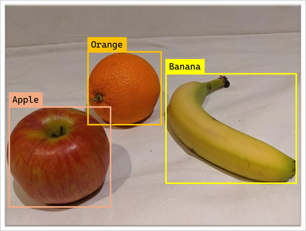 Fotografía de una naranja, una manzana y un plátano con cuadros delimitadores.