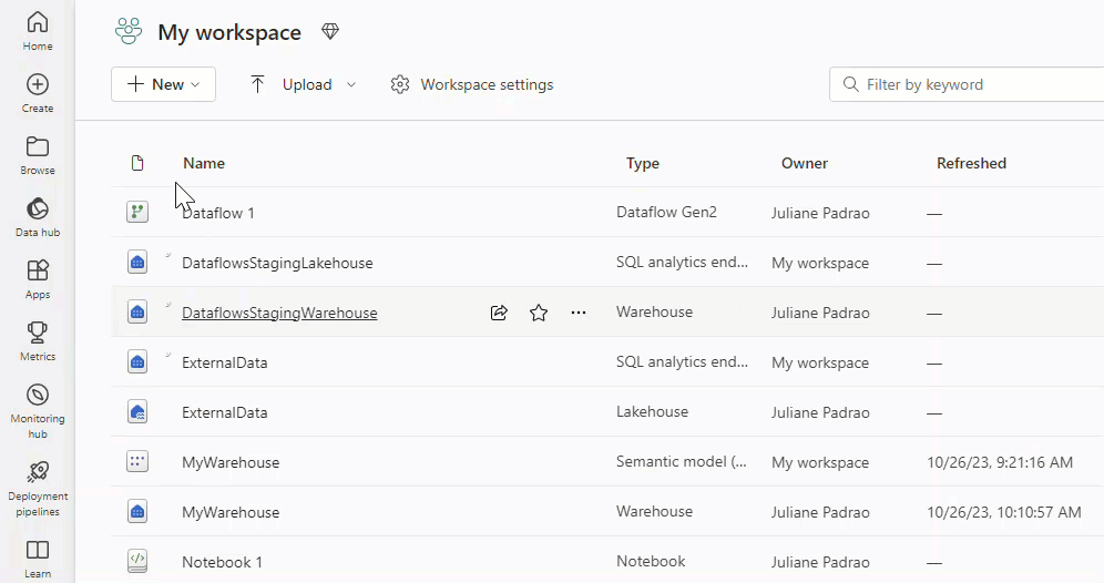 Animated GIF showing how to launch Dataflow Gen2 from the workspace.