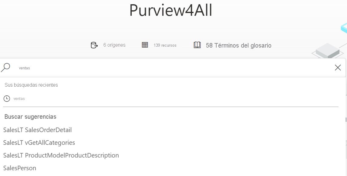 Screenshot of Microsoft Purview Data Catalog interface, displaying a search bar with the terms product sales entered.