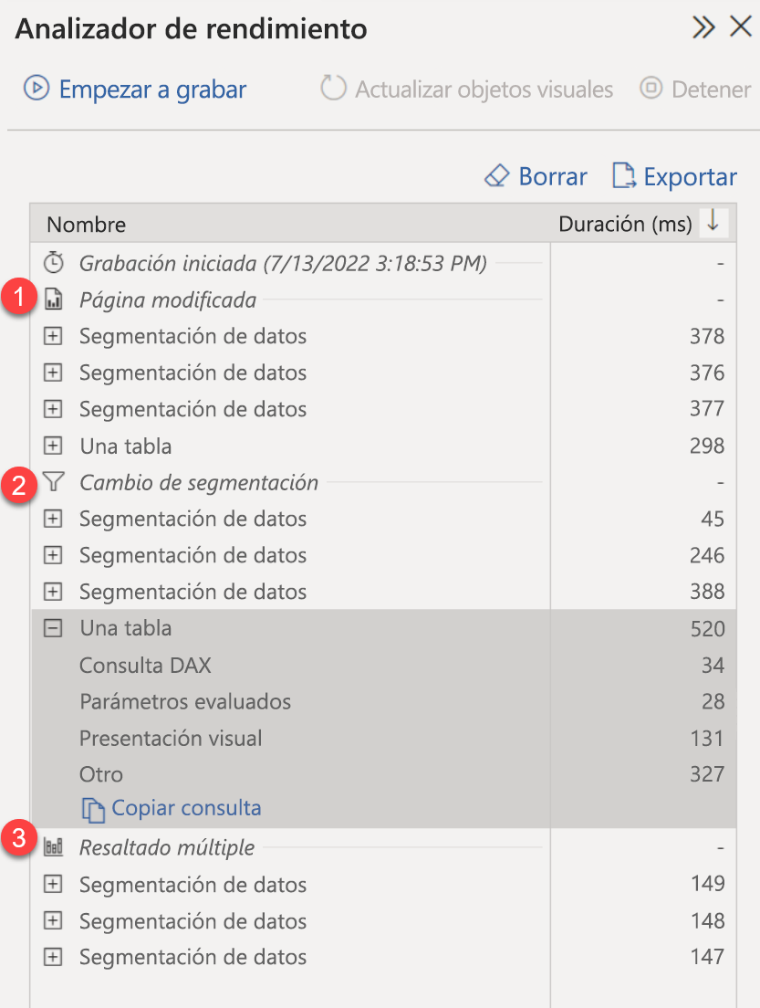 Screenshot of performance analyzer results after three report actions.