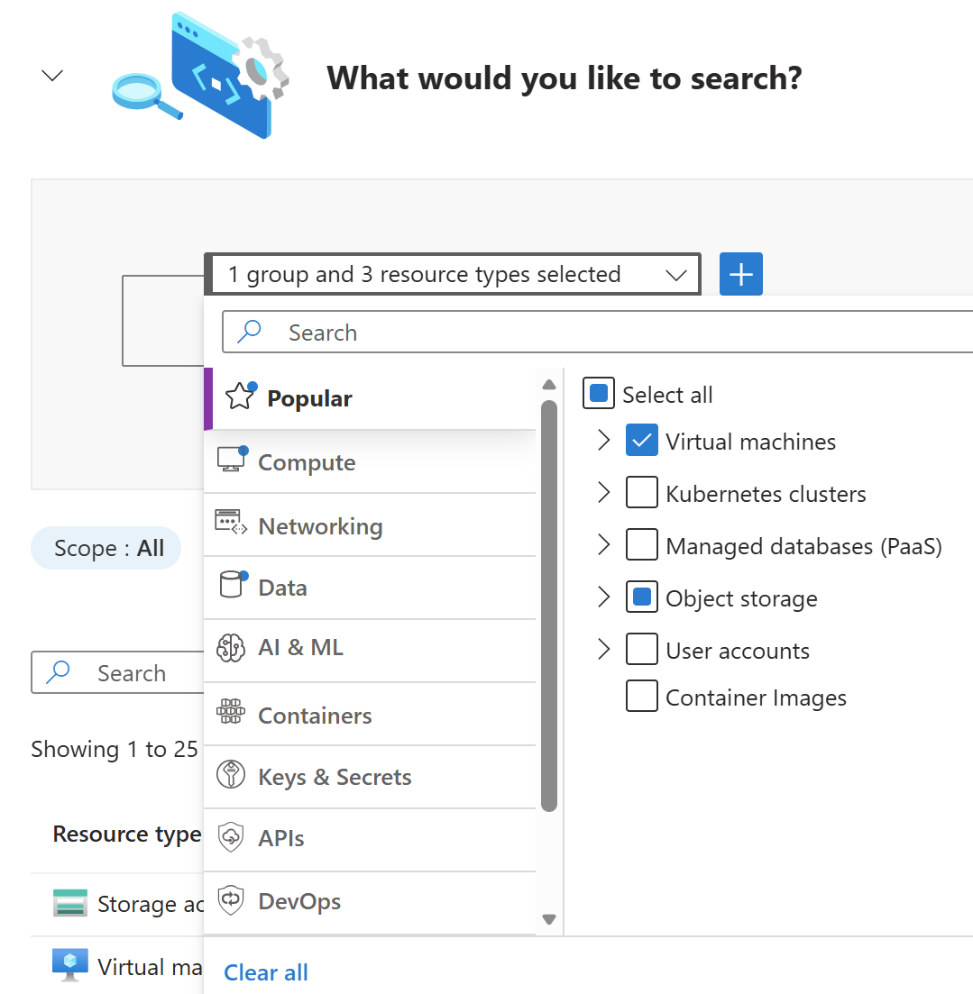 Captura de pantalla del generador de consultas de Cloud Security Explorer que muestra una máquina virtual filtrada por la exposición a Internet y los recursos conectados.