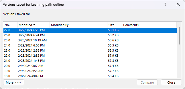 Captura de pantalla que muestra el cuadro de diálogo historial de versiones en Word.
