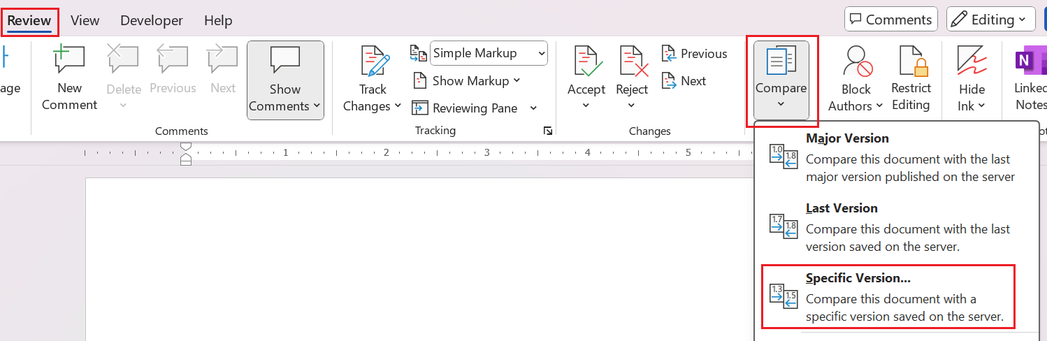 Captura de pantalla que muestra cómo acceder a la característica Versión específica en la pestaña Revisión de Word.