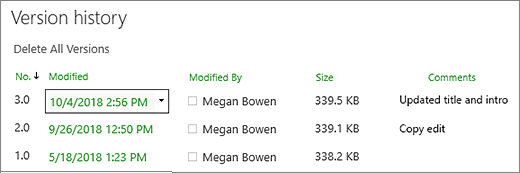 Captura de pantalla que muestra el historial de versiones en SharePoint.
