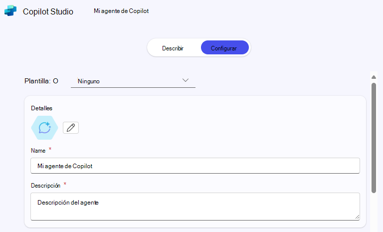 Captura de pantalla que muestra los campos de plantilla, nombre y descripción en la pestaña Configurar del Generador de agentes.