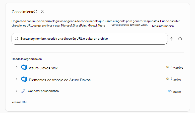 Captura de pantalla de la sección Conocimiento de Copilot Studio.