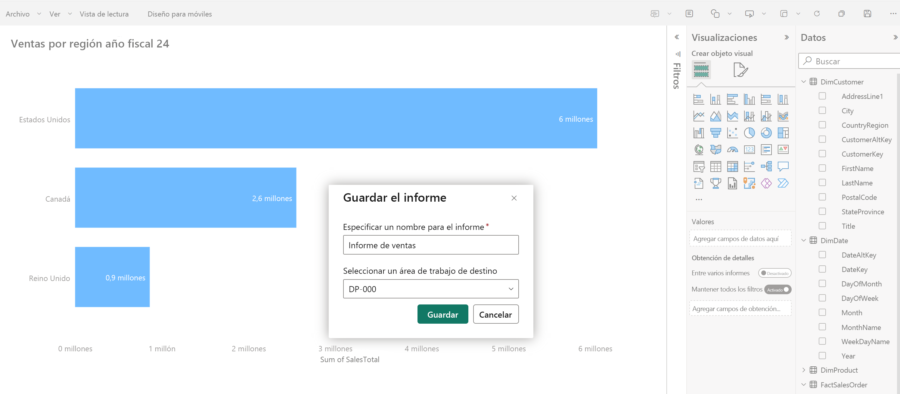 Captura de pantalla de un informe de Power BI.