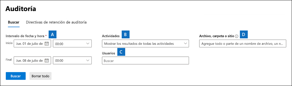 Captura de pantalla que muestra la página Auditoría en el portal de cumplimiento de Microsoft Purview, con cada una de las opciones resaltadas.