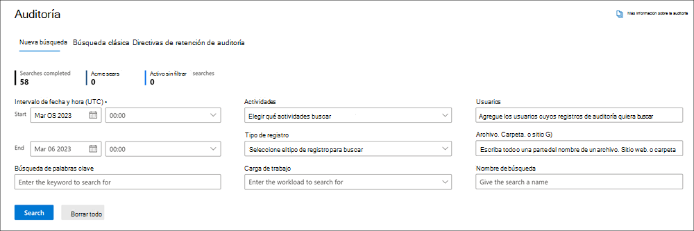 Captura de pantalla de la herramienta de búsqueda de registros de auditoría en el portal de cumplimiento de Microsoft Purview.