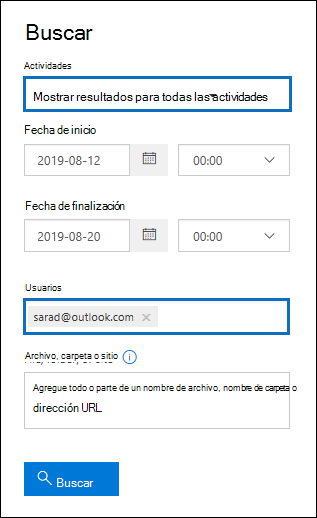 Captura de pantalla de una ventana de búsqueda de contenido que muestra los campos que se deben escribir para buscar todas las actividades completadas por un usuario externo.