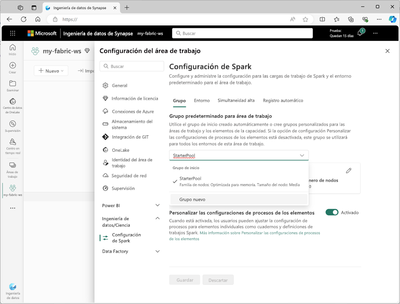 Screenshot of the Spark settings page in Microsoft Fabric.