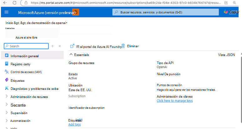 Captura de pantalla del Portal de Azure Foundry.