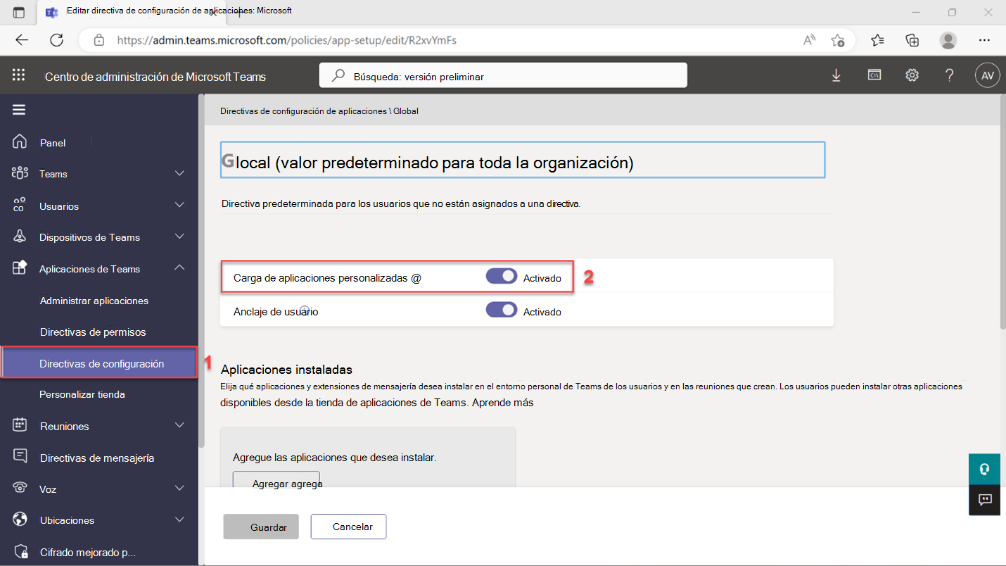 Captura de pantalla de la directiva predeterminada de toda la organización global.