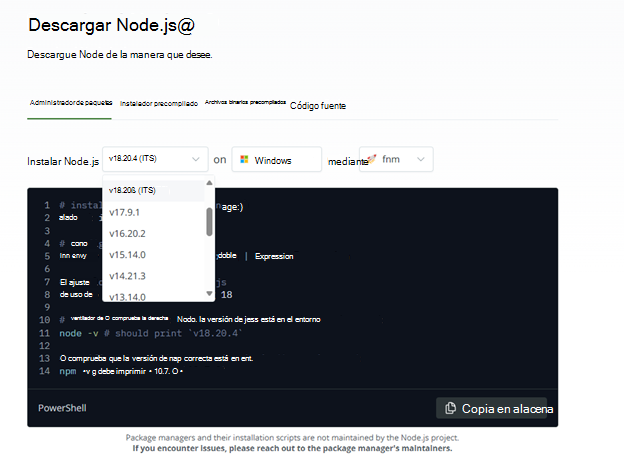 Captura de pantalla de Node.js versión en la interfaz de usuario.