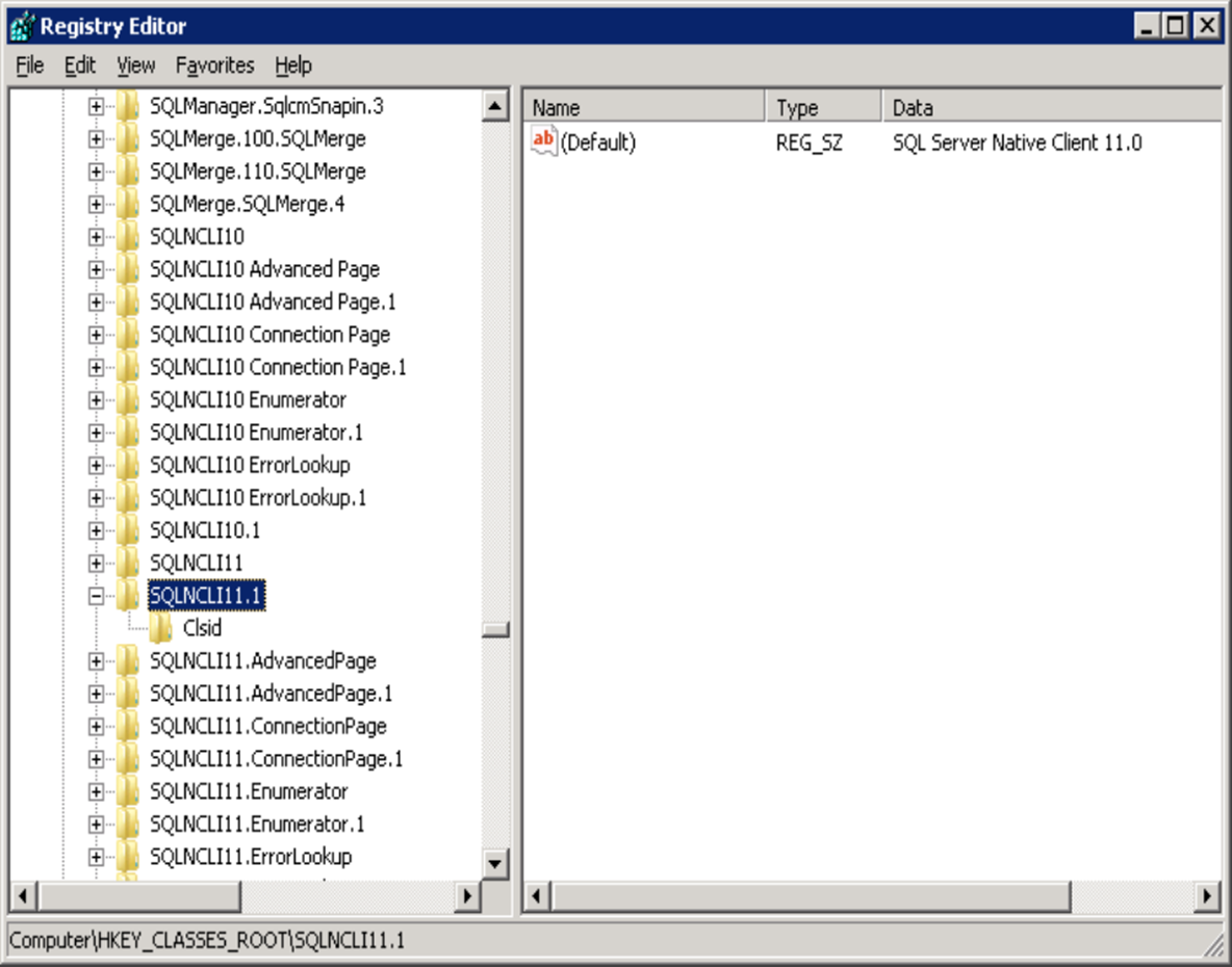 Captura de pantalla que muestra la asignación entre progID SQLNCLI11.1 y el nombre del proveedor SQL Server Native Client 11.0.