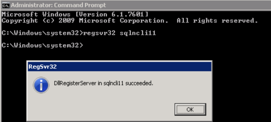 Captura de pantalla que muestra un comando de administrador para registrar un archivo DLL COM.