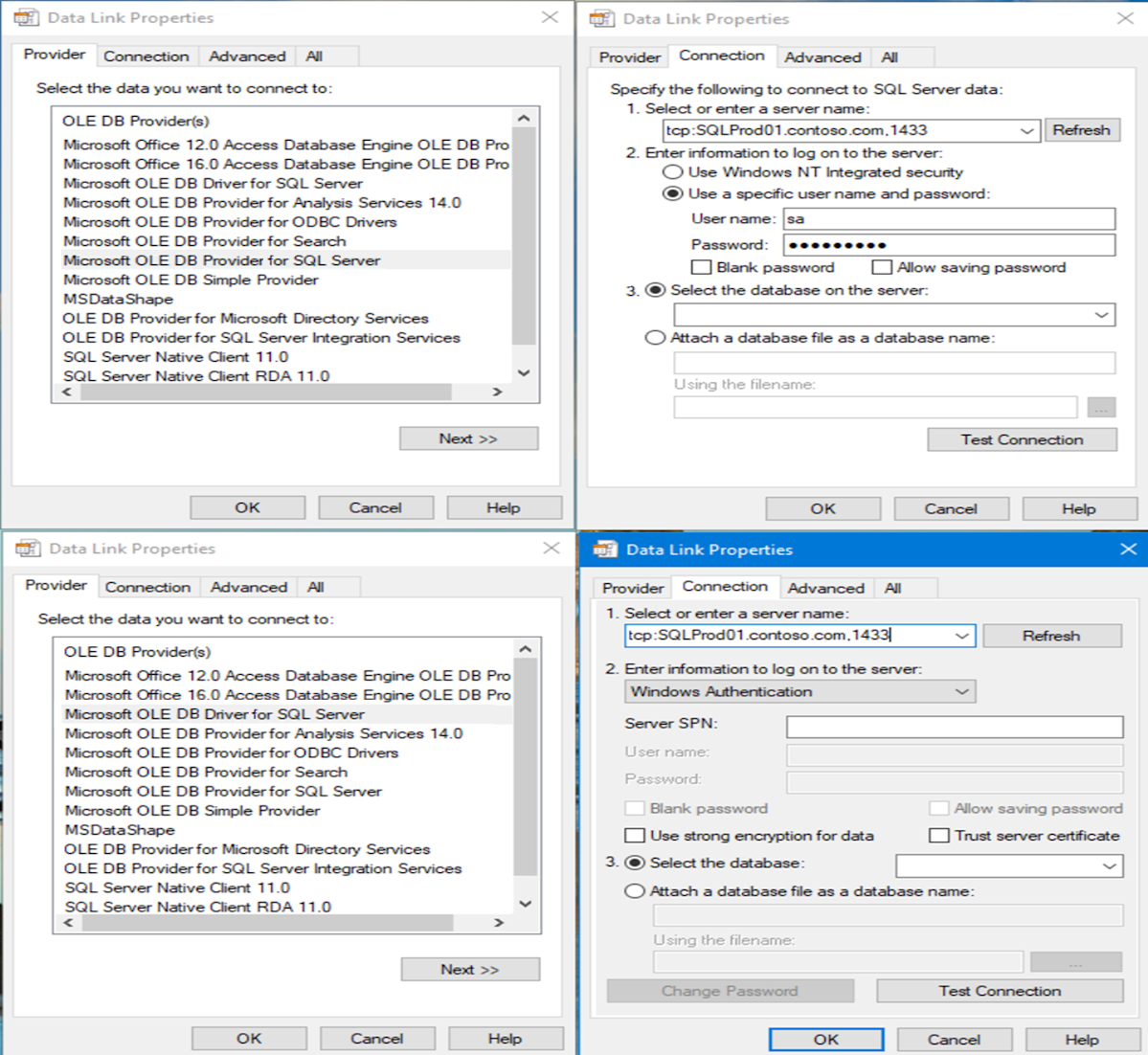 Captura de pantalla que muestra cómo usar el archivo UDL para probar el proveedor OLE DB.