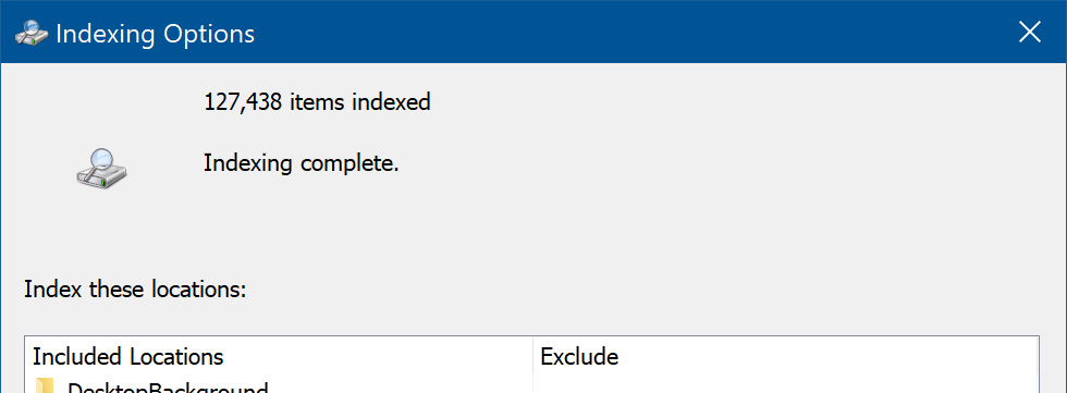Captura de pantalla del mensaje Indexación completa en el cuadro de diálogo Opciones de indexación.