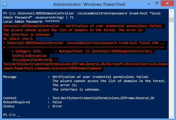 Captura de pantalla de los errores en la validación y comprobación de requisitos previos.