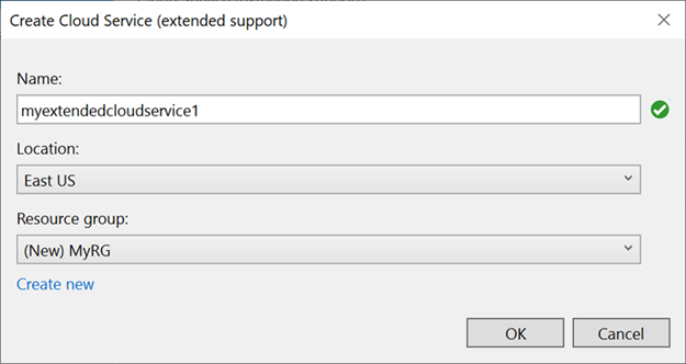 Captura de pantalla que muestra el panel Crear una implementación de Cloud Services (soporte extendido).
