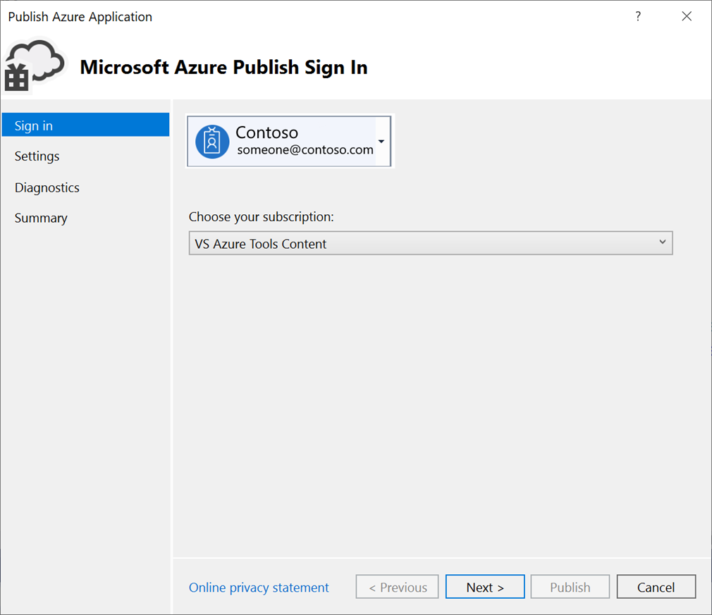 Captura de pantalla que muestra el panel de inicio de sesión de publicación de Microsoft Azure en el asistente de publicación de aplicaciones de Azure.