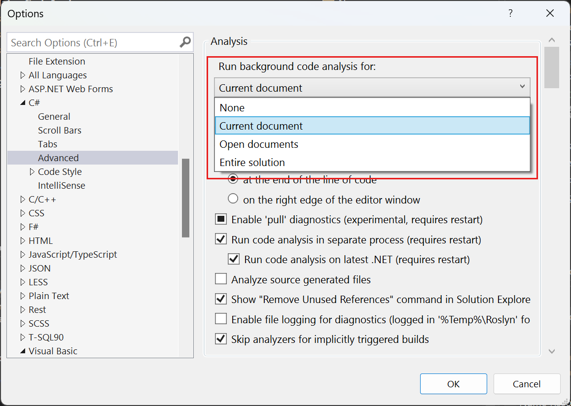 Captura de pantalla que muestra las opciones de ámbito de análisis de código en segundo plano en Visual Studio.