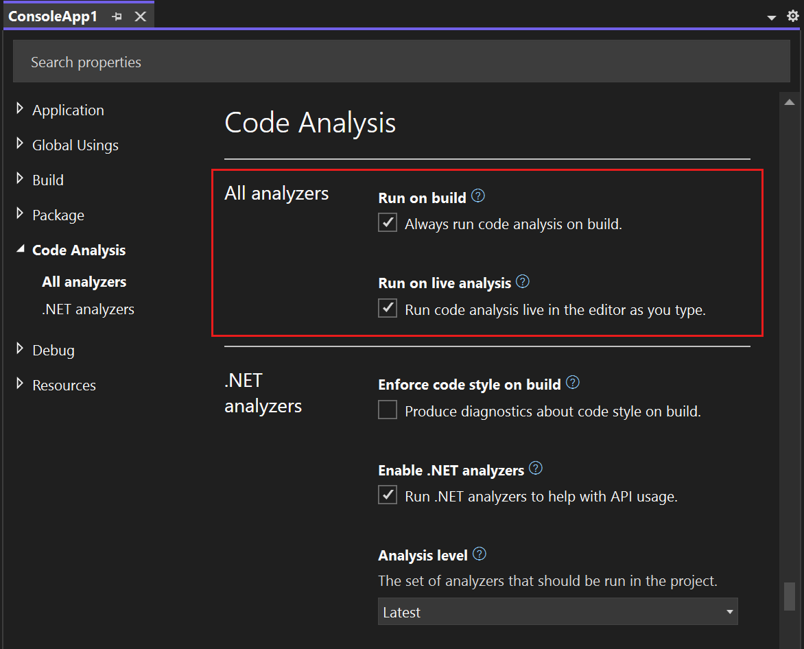 Captura de pantalla que muestra la página de propiedades de Code Analysis.
