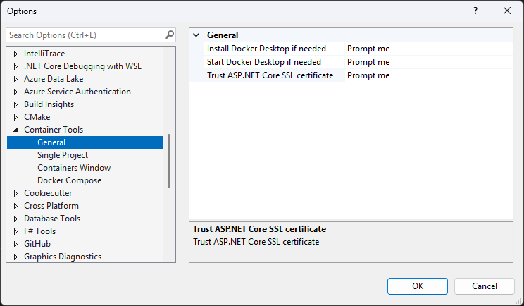 Captura de pantalla de las opciones de Visual Studio Container Tools.
