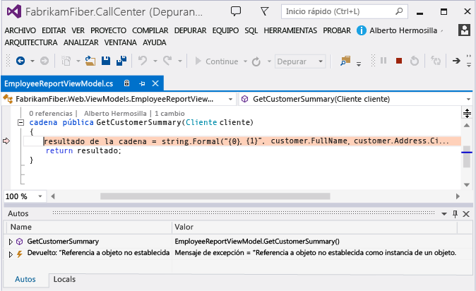 Ir al código de la aplicación desde un evento de excepción