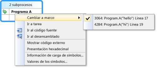 Shortcut menu in Parallel Stacks window. Screenshot of Shortcut menu in Parallel Stacks window.