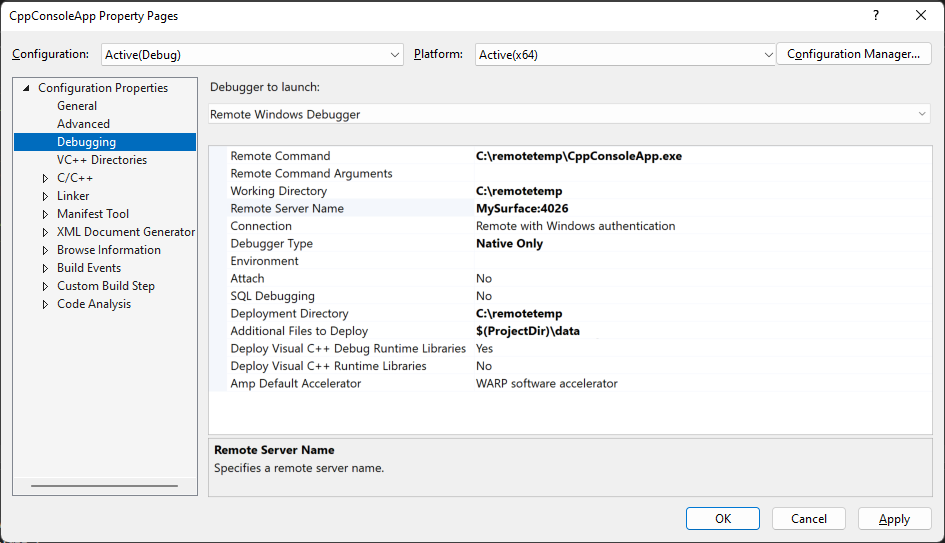 Captura de pantalla de la pestaña Depuración en las propiedades del Explorador de soluciones de Visual Studio. El depurador para iniciar la propiedad se establece en Depurador remoto de Windows.