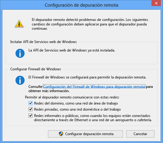 Captura de pantalla de la configuración del depurador remoto.